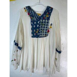 Embroidered White Large Boho Blouse Floral Accent Top Hippie Coastal Casual Cute